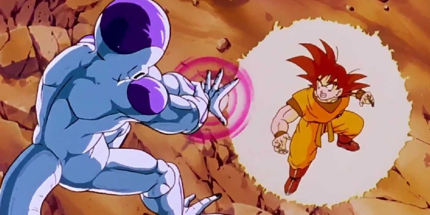 Frieza aims a ki blast at Goku in Dragon Ball Z.