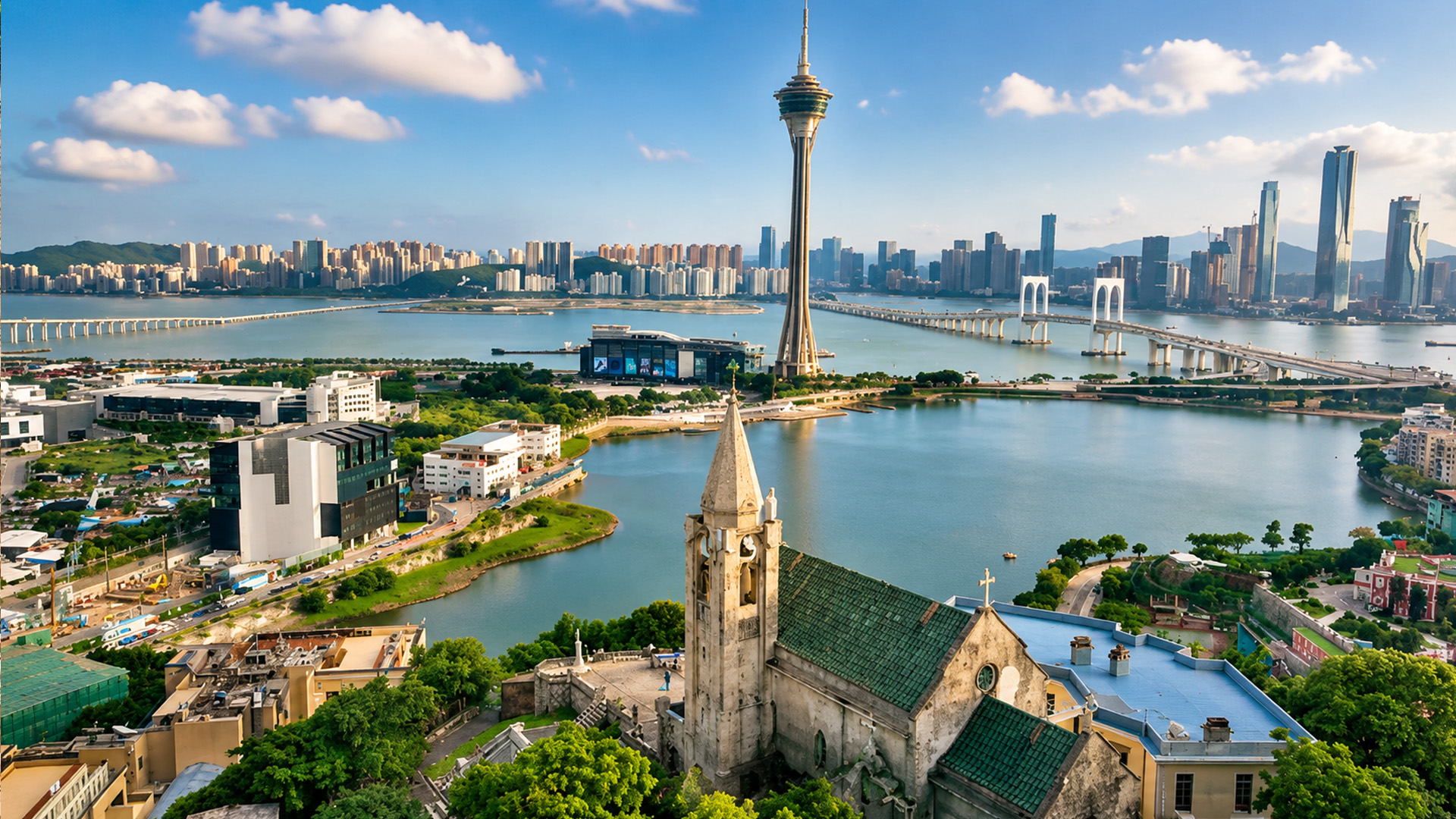 Macau Tower rising above Penha Hill’s harbor skyline