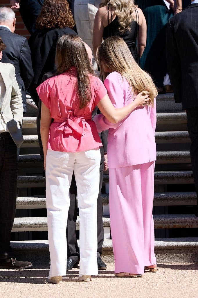 MADRID, SPAIN - JULY 17: Crown Princess Leonor of Spain (L) and Princess Sofia of Spain (R) receive the Board of Trustees of the Spanish Committee of the United World Schools Foundation at the Zarzuela Palace on July 17, 2026 in Madrid, Spain. (Photo by Carlos Alvarez/Getty Images)