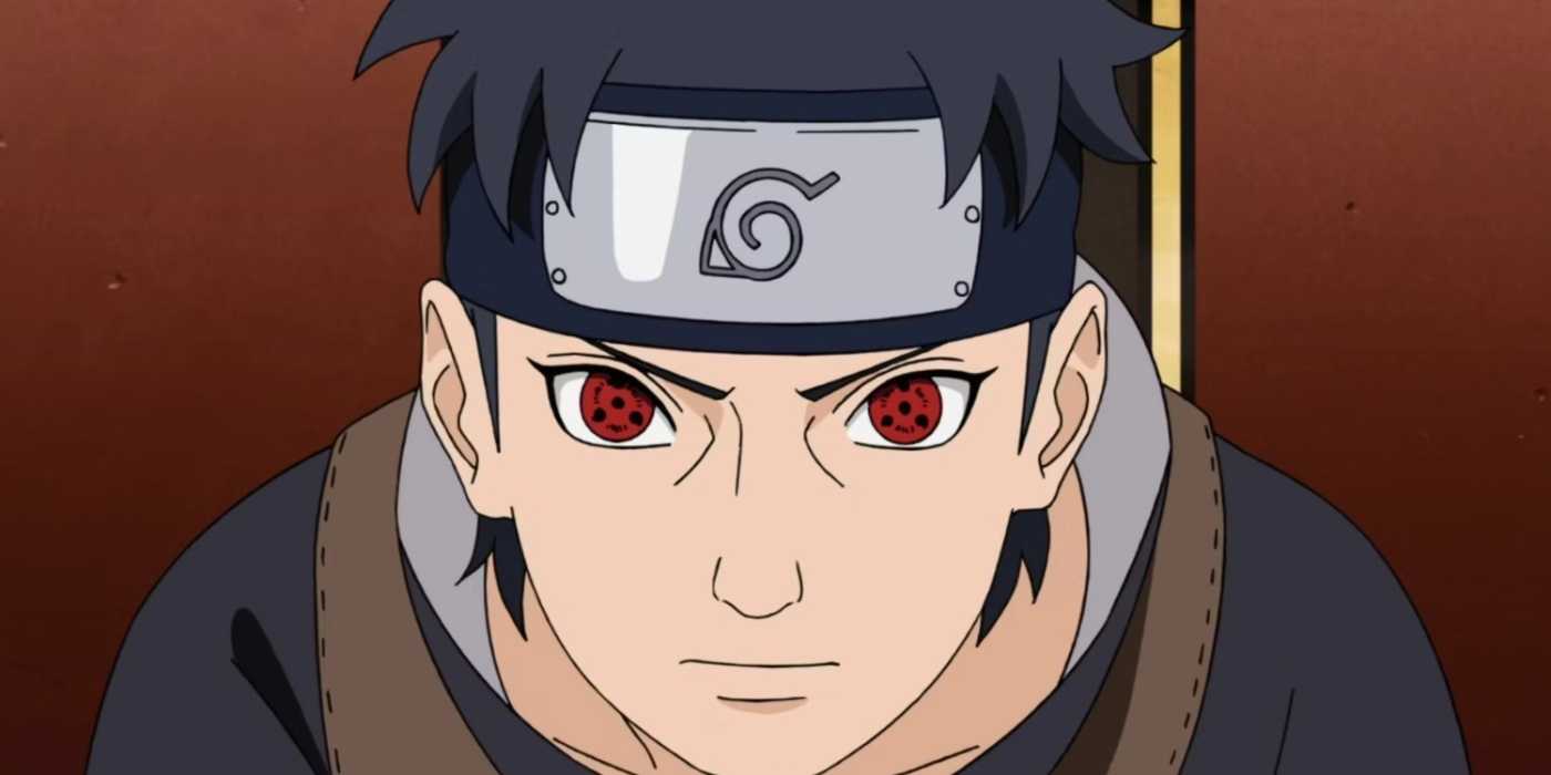 Shisui Uchiha activates his Sharingan while meeting with the Third Hokage In Naruto: Shippuden.