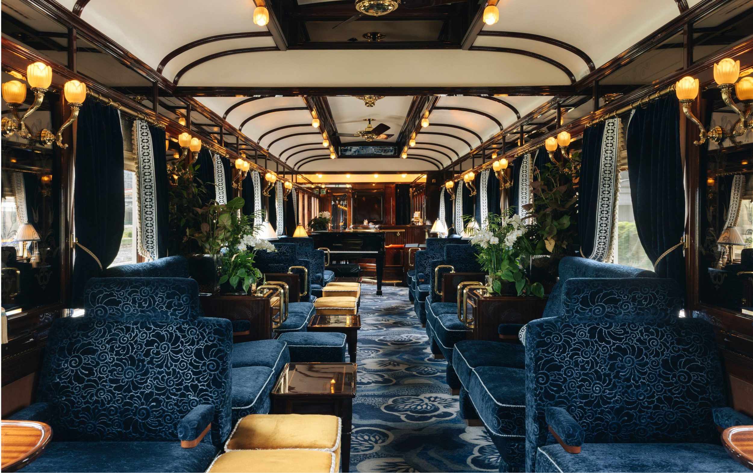 The sumptuous midnight-blue decor aboard the Venice Simplon-Orient-Express