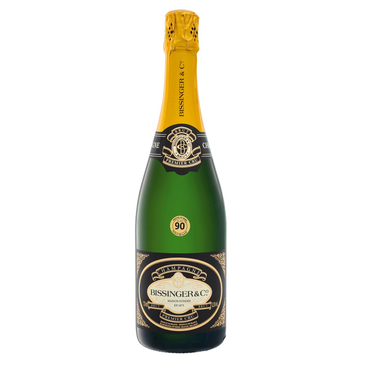 A bottle of Champagne Bissinger & Co Premier Cru on a white background