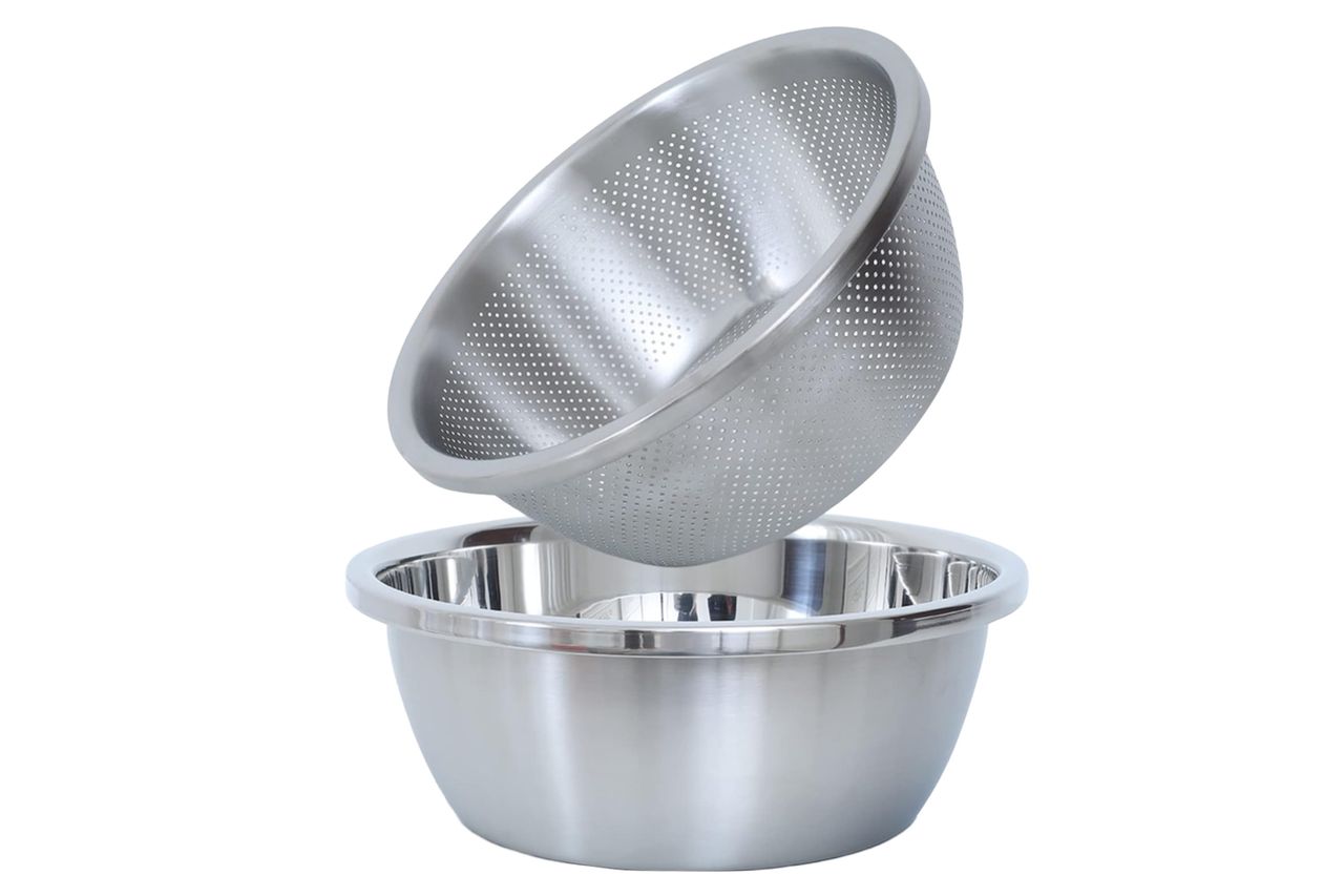 Paoli 304 Stainless Steel Fine Mesh Colander Set, 1.5QT Large Capacity Strainer with Mixing Bowl — Rinse Fruits, Veggies, Rice & Drain Pasta, Dishwasher Safe (2-Piece)