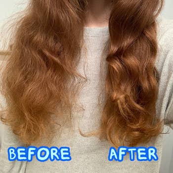 Before and after hair styling comparison showing smoother, shinier hair on the right side