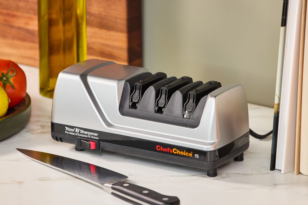 The Chef’sChoice EdgeSelect Professional Electric Knife Sharpener on a kitchen countertop