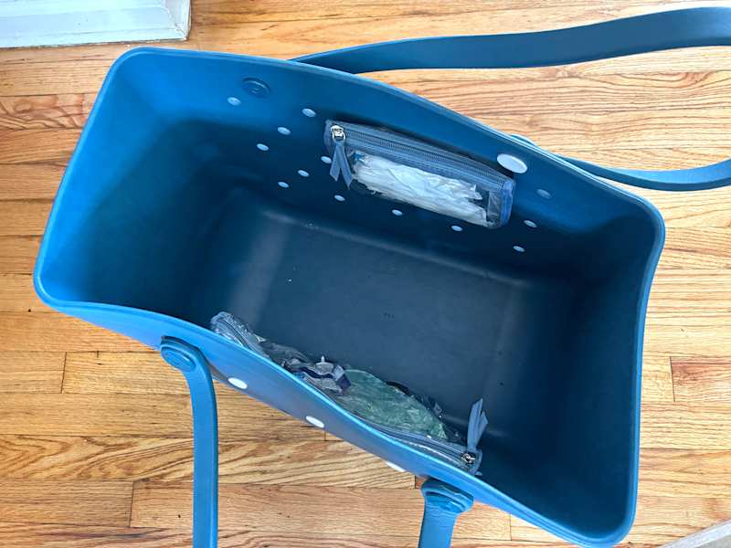 Blue Bogg Bag on the floor of someone's home: view of the inside