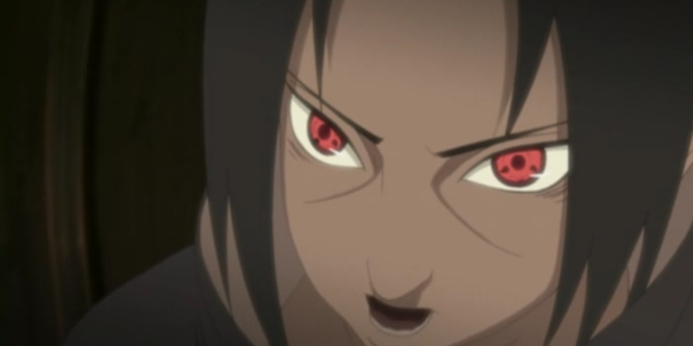 Itachi Uchiha's Sharingan are activated as he prepares to attack in Naruto: Shippuden.