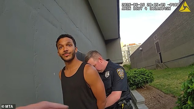 Police said Gabriel Hostin was detained by the side of train tracks for 'criminal trespassing' around 8pm on June 16 in New Rochelle, New York, but he claimed he went through an open gate while out on a run