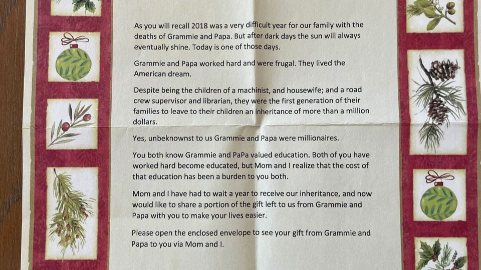 On Christmas 2019, David gave his children cards. To their shock, inside was a letter informing them that he deposited $50,000 each in their bank accounts, a portion of the inheritance he received from his parents who passed away. - Courtesy Chelsea