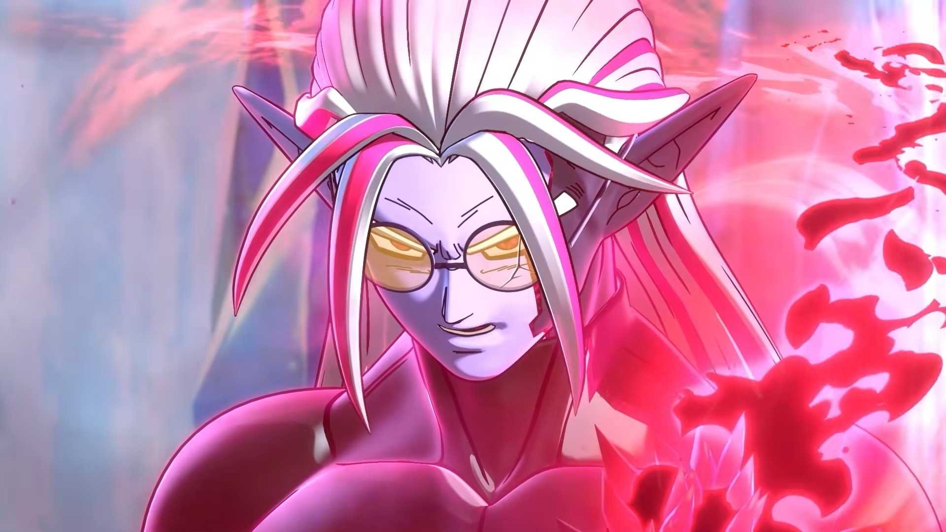 Fu from Dragon Ball Xenoverse 2 is surrounded by pink and black energy.