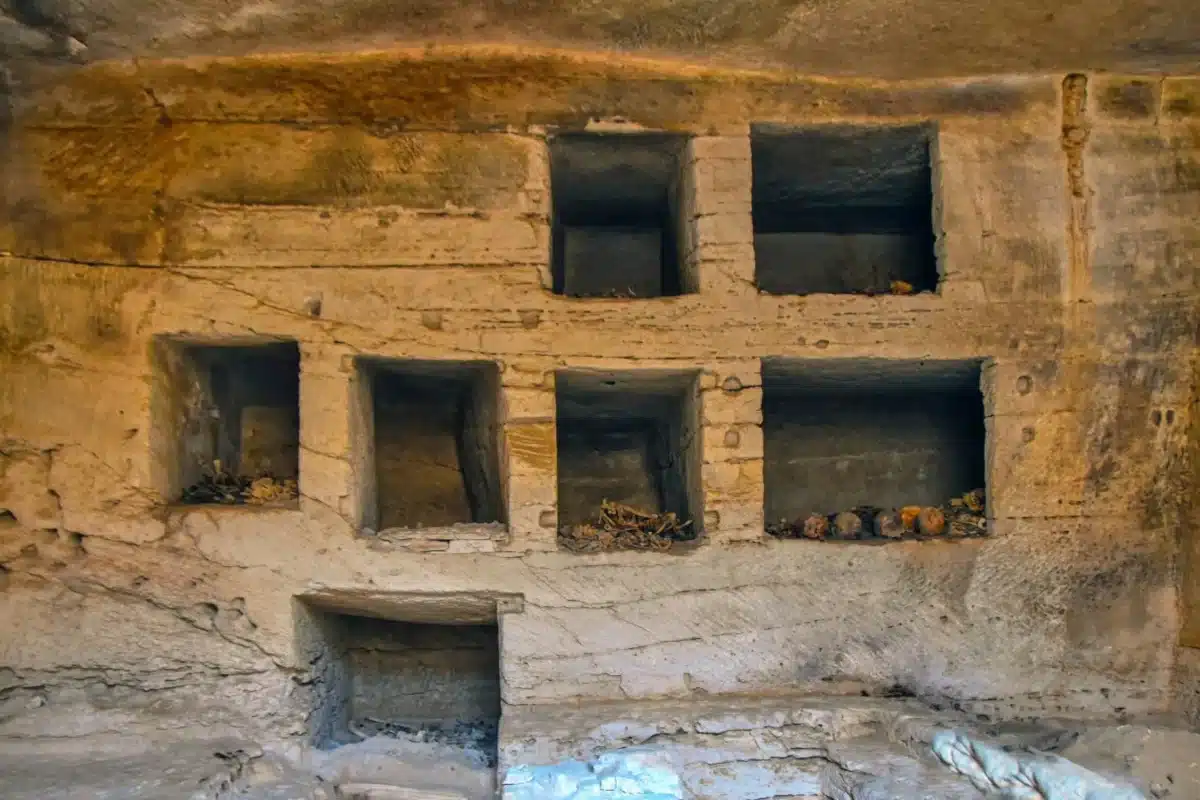 Some of seven surface limestone-built tombs, discovered in the Marina el-Alamein archaeological site. Credit: Ministery of Tourism and Antiquities via AP