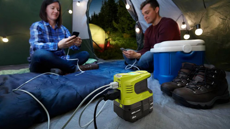 Using a Ryobi 150-watt power source inside a tent.