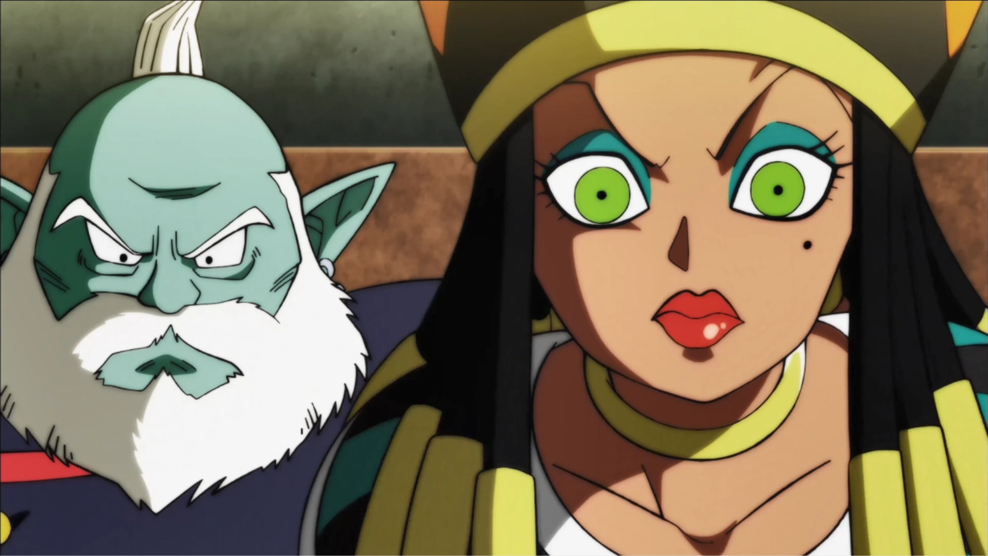 Heles appearing surprised alongside her Kai in Dragon Ball Super anime