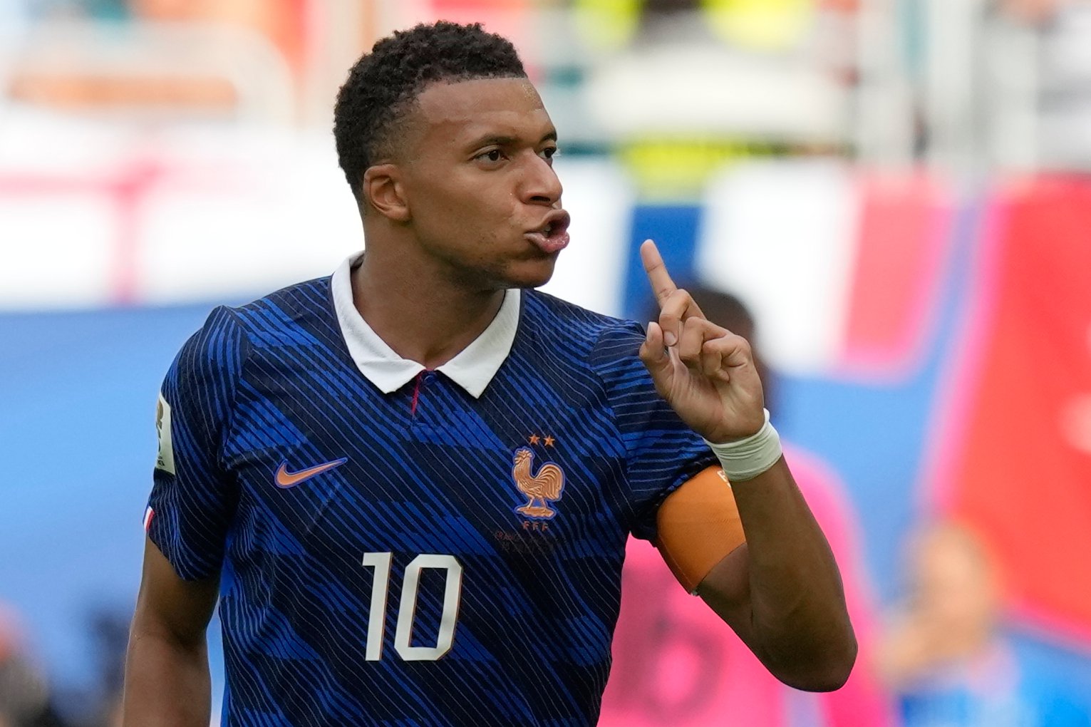 France's Kylian Mbappe (10) reacts after scoring his side's third goal during the World Cup third-place playoff soccer match between France and England in Miami Gardens, Fla., Saturday, July 18, 2026. (AP Photo/Rebecca Blackwell)