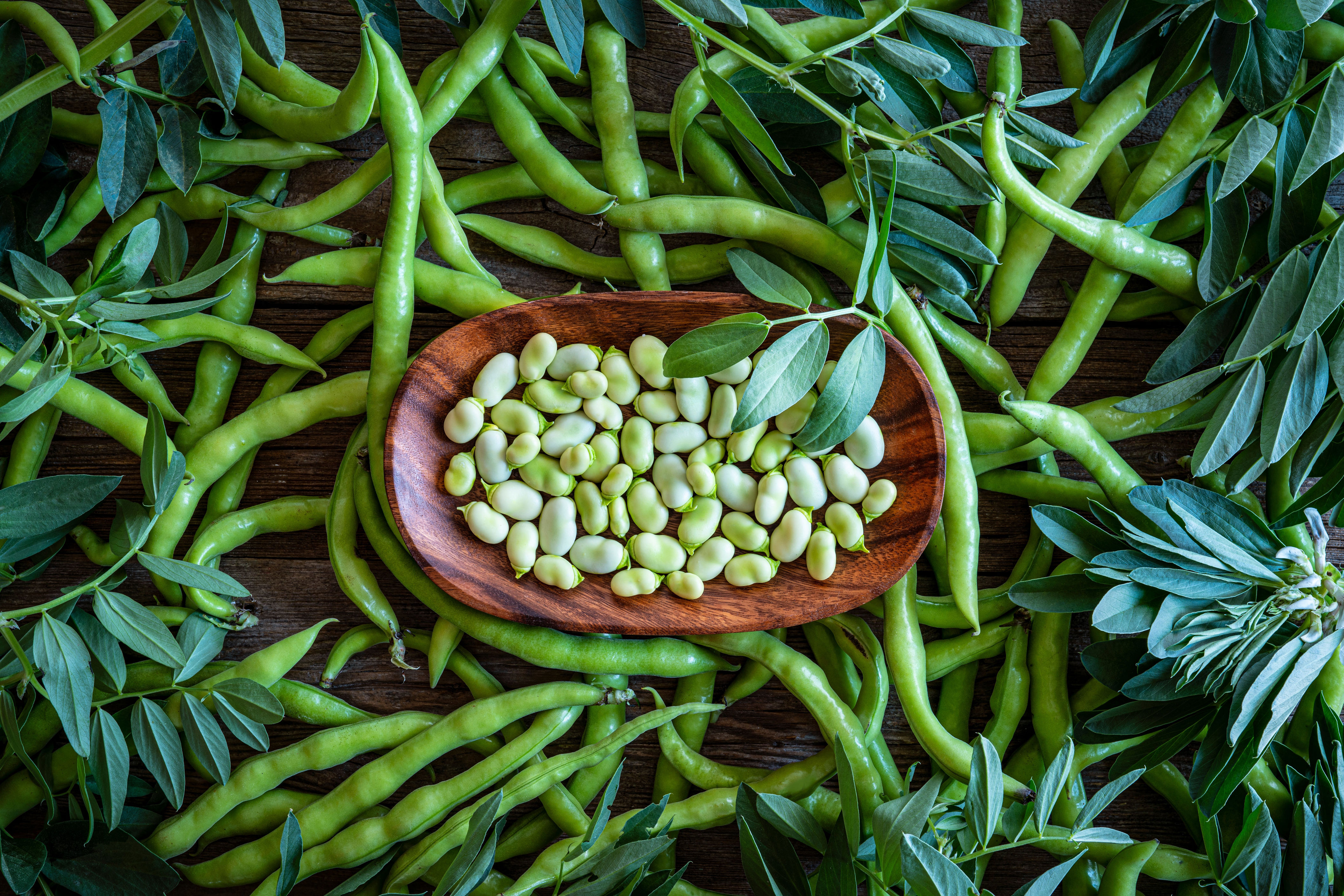 A wooden bowl filled with green beans surrounded by scattered fresh bean pods and leaves on a table
