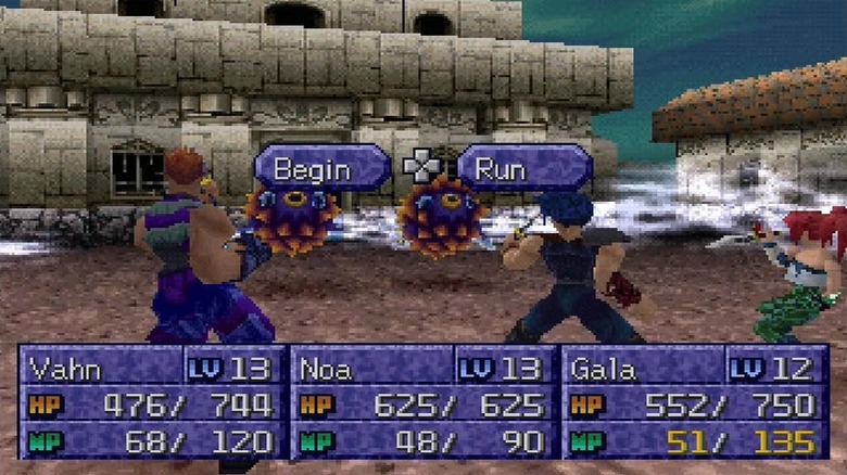 Vahn, Noa, and Gala confront two monsters in "Legend of Legaia" (1998)