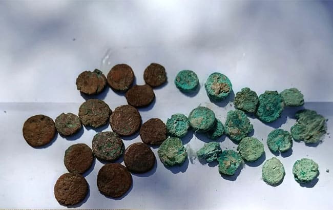 A large number of well-preserved bronze coins bearing portraits of Byzantine emperors. Credit: Ministery of Tourism and Antiquities via AP