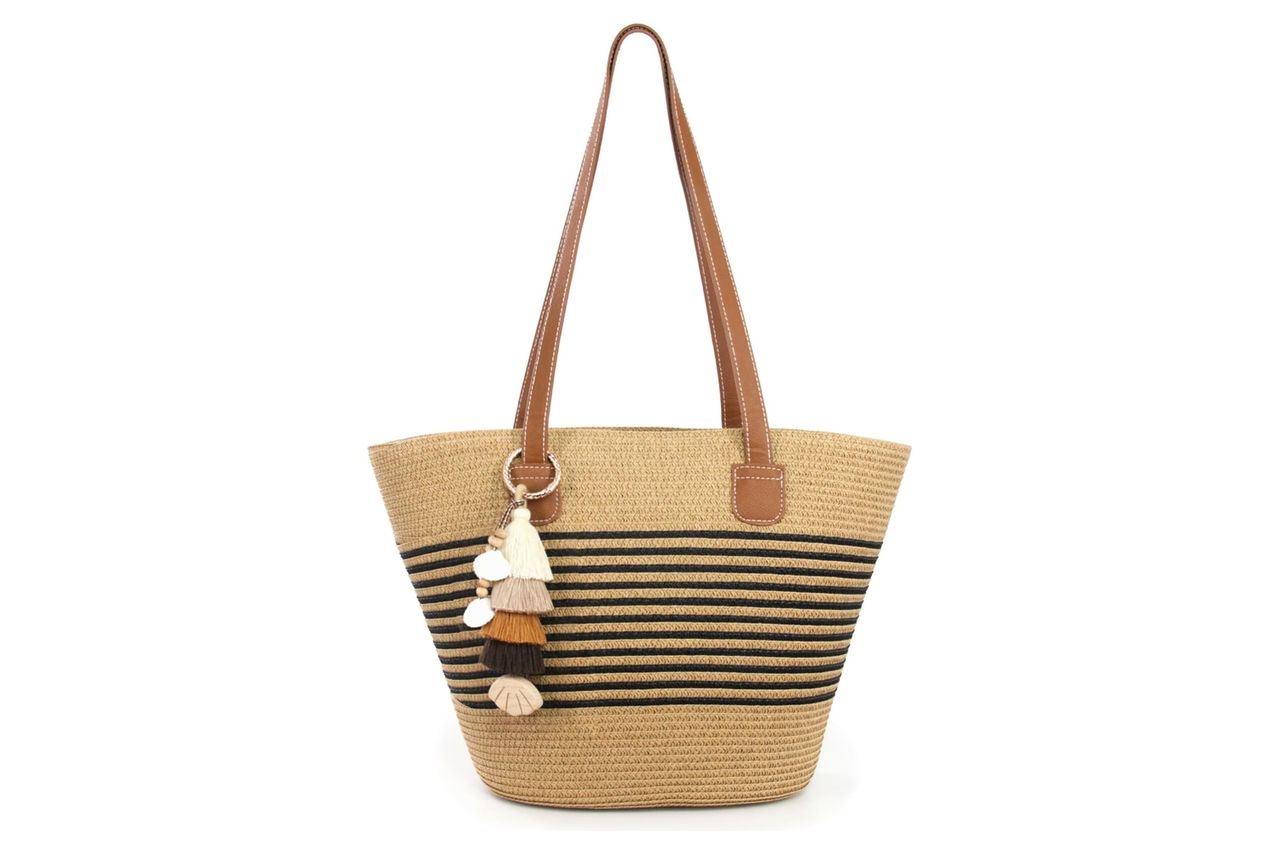 RUNROLE Straw Purse with Tassel Hat Clip, Beach Bag for Women, Handmade Large Woven Purse, Summer Raffia Tote Shoulder Bag