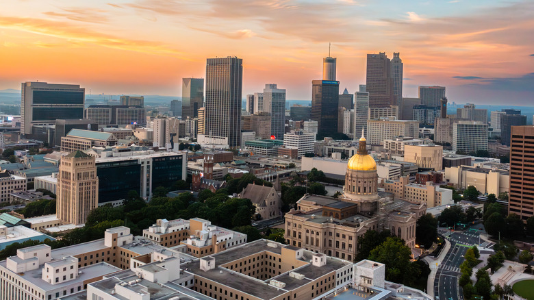 Aerial view over downtown Atlanta at sunset