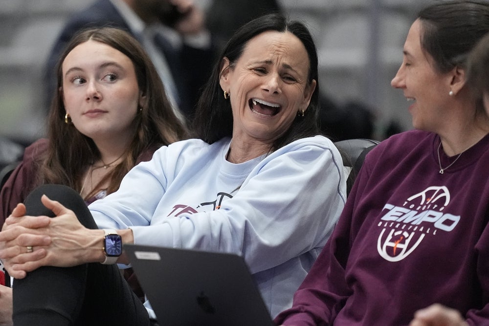 Jul 17, 2026; Toronto, Ontario, CAN; Toronto Tempo head coach Sandy Brondello laughs on the bench during warm ups before a game against the Atlanta Dream at Coca-Cola Coliseum. Mandatory Credit: John E. Sokolowski-Imagn Images