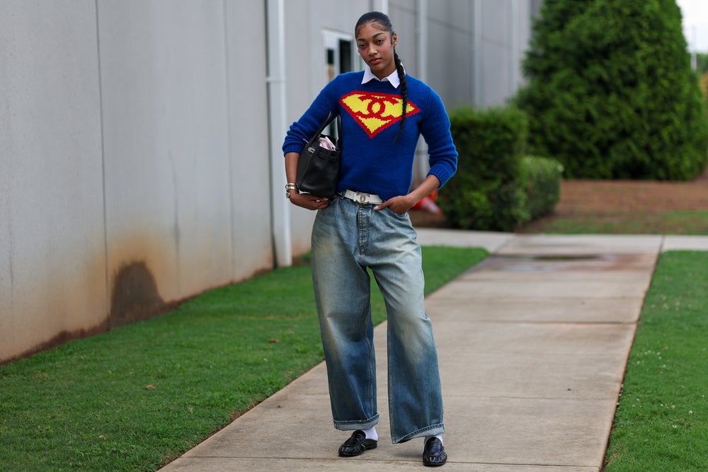 Jul 13, 2026; College Park, Georgia, USA; Atlanta Dream forward Angel Reese (5) arrives at at Gateway Center Arena at College Park before a game against the Los Angeles Sparks. Mandatory Credit: Brett Davis-Imagn Images