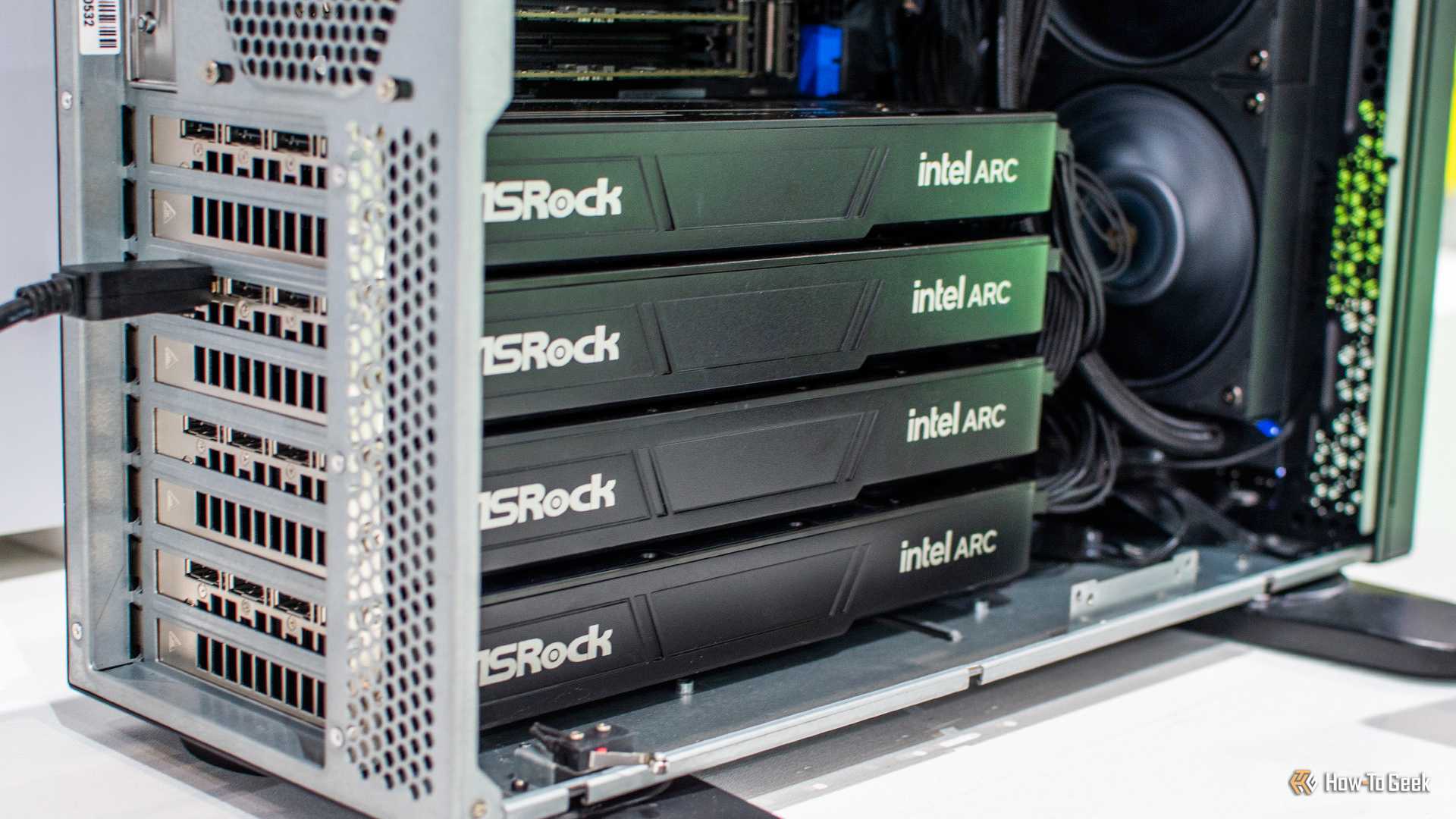 Four ASROCK Intel Arc GPUs in an enclosure