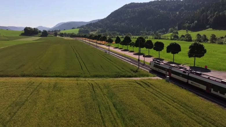 A different view of the Sun-Ways solar-panel-covered train track in Switzerland.