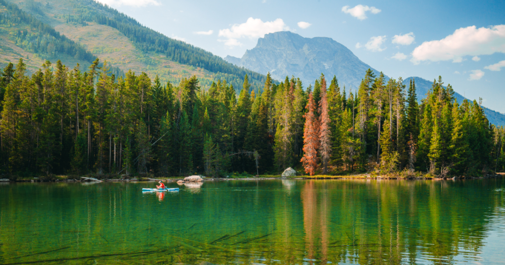 A person sits in a blue kayak near the shore of Leigh Lake on an early fall day.