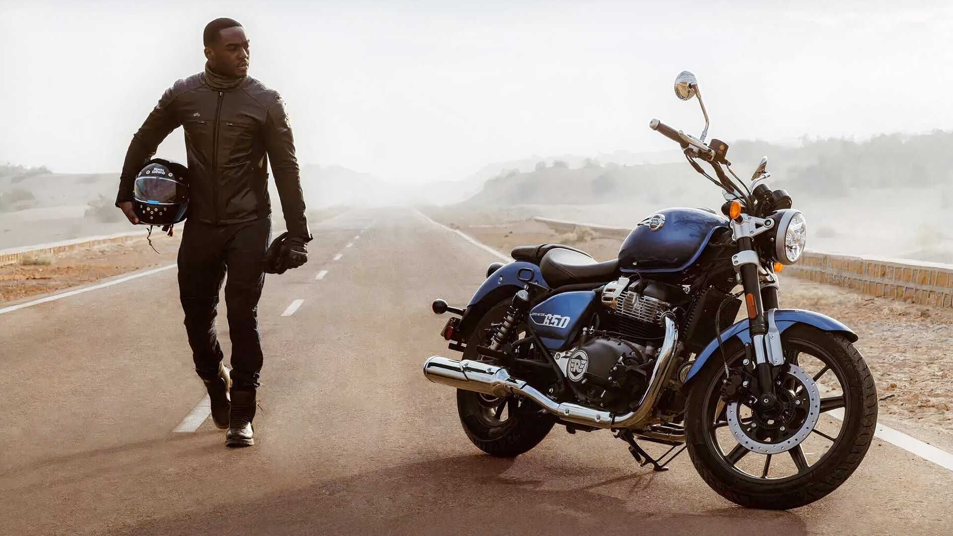 Static shoot of a Royal Enfield Super Meteor 650 along with a rider