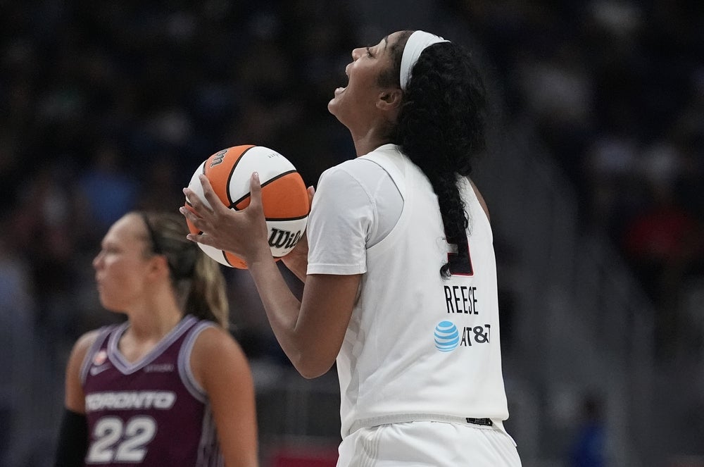 Jul 17, 2026; Toronto, Ontario, CAN; Atlanta Dream forward Angel Reese (5) reacts to an officials call for the Toronto Tempo during the second half at Coca-Cola Coliseum. Mandatory Credit: John E. Sokolowski-Imagn Images