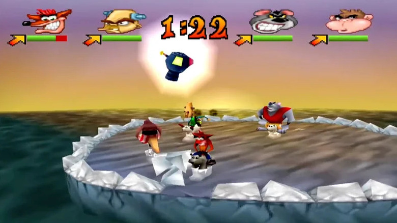 Crash Bandicoot rides along the top of an iceberg in "Crash Bash" (2000)