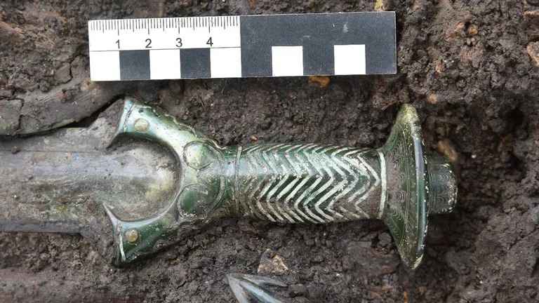 The ornate hilt of the 3,000-year-old bronze sword discovered in a Bavarian grave. Credit: Bavarian State Office for the Preservation of Monuments