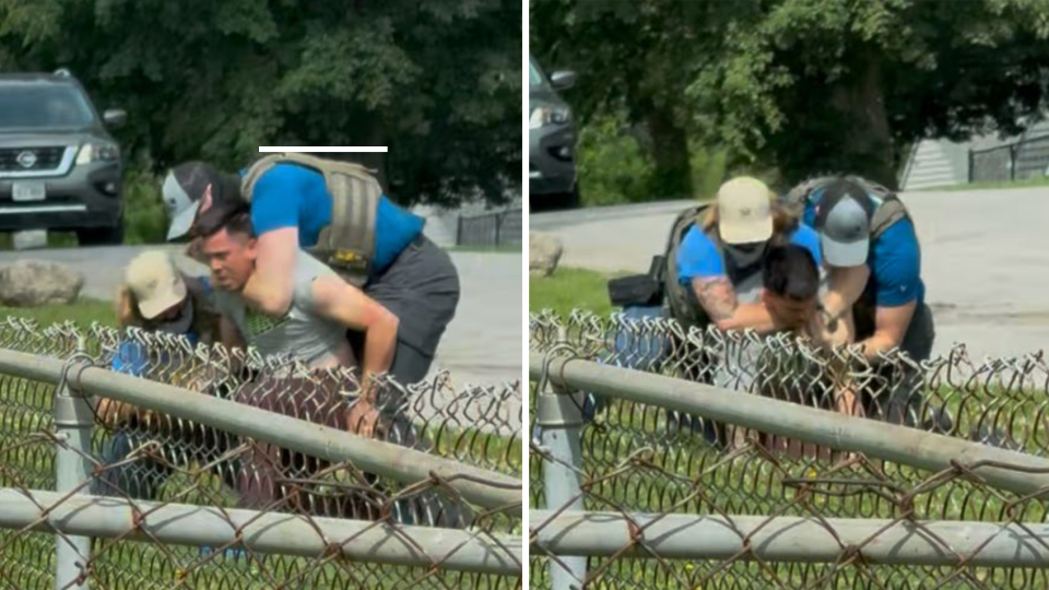 In a screengrab from bystander videos of Hurtado-Cariaco's arrest, an ICE agent can be seen choking Hurtado-Cariaco during a struggle. - United States District Court for the District of Nebraska