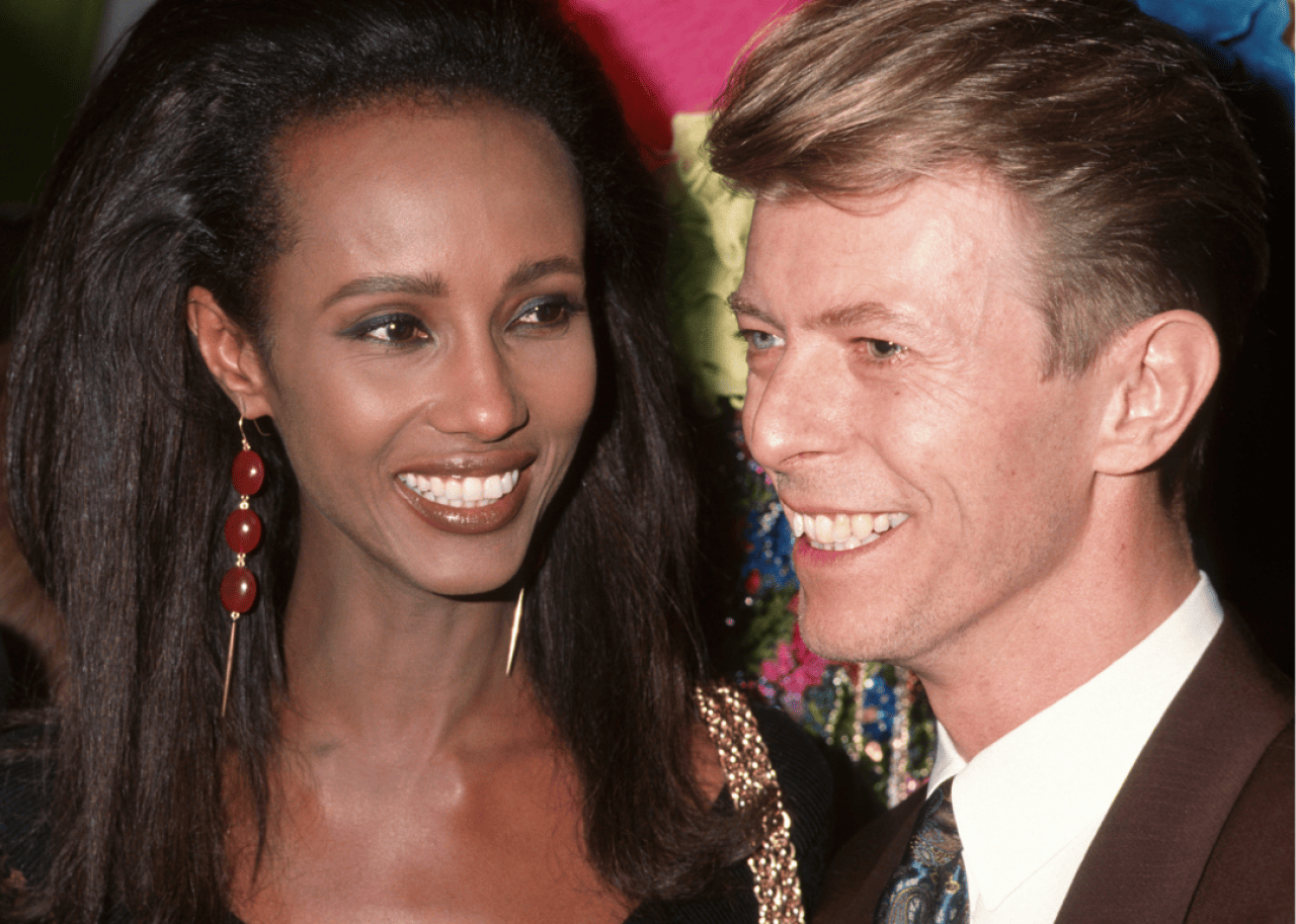 Iman and Bowie smiling.