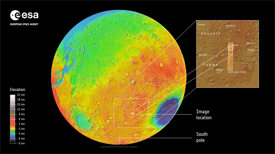 A map showing the location of Kaiser Crater on Mars. Credit: NASA/USGS; ESA/DLR/FU Berlin