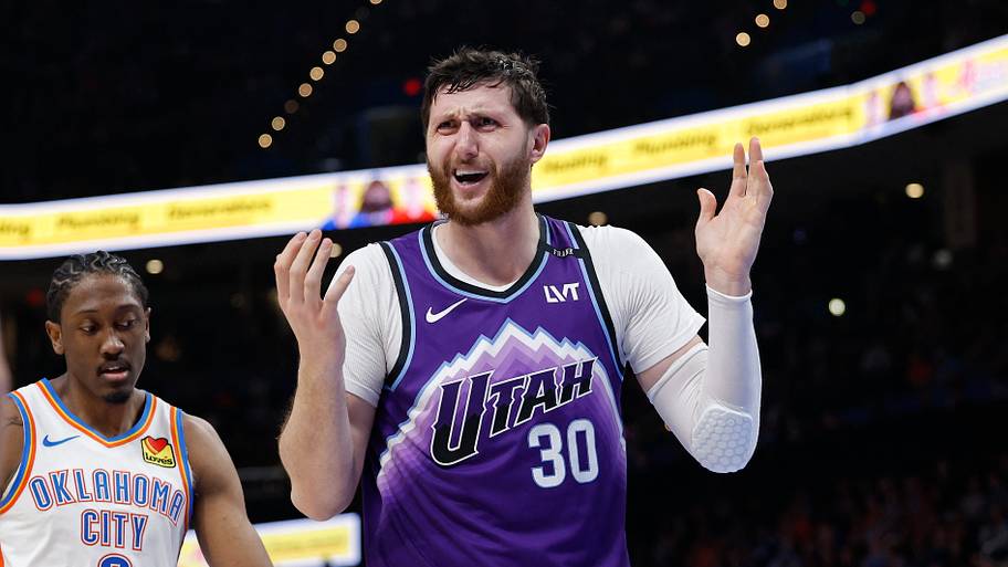 Jan 7, 2026; Oklahoma City, Oklahoma, USA; Utah Jazz center Jusuf Nurkić (30) reacts after a call against him during the seco