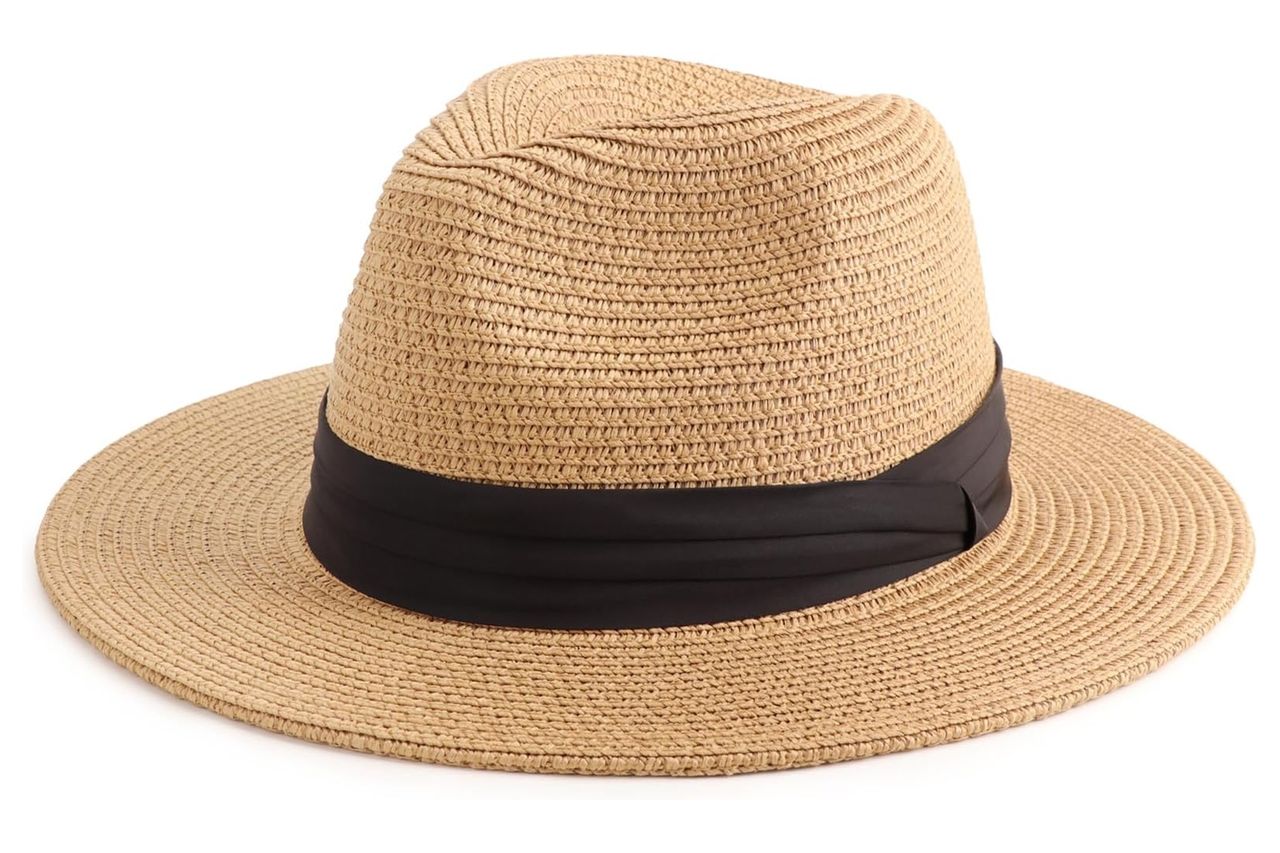 DRESHOW Women Straw Panama Hat Travel Fedora Beach Sun Hat Summer Wide Brim Straw Roll up Hats UPF 50+