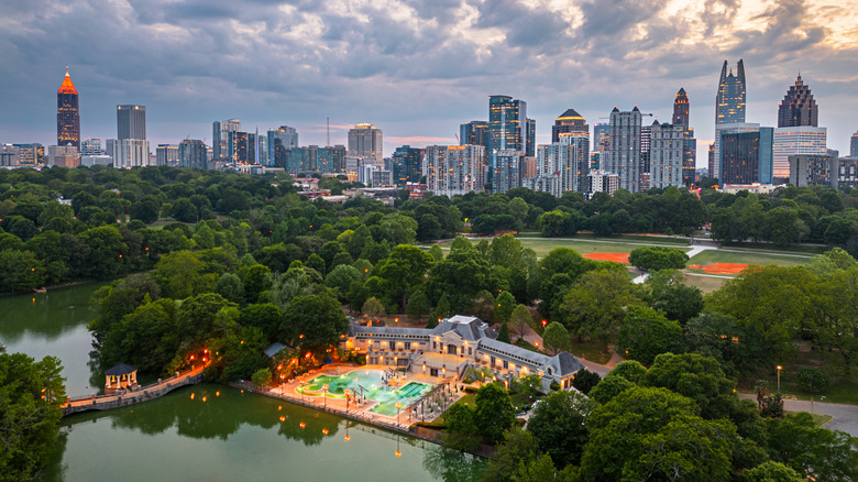 Aerial view overlooking Piedmont Park and the Atlanta skyline at dusk
