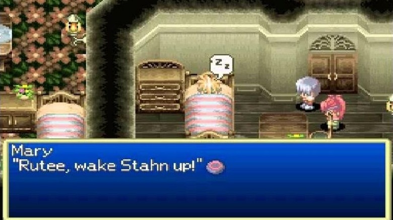 Stahn sleeps as Mary and Rutee watch in "Tales of Destiny" (1997)