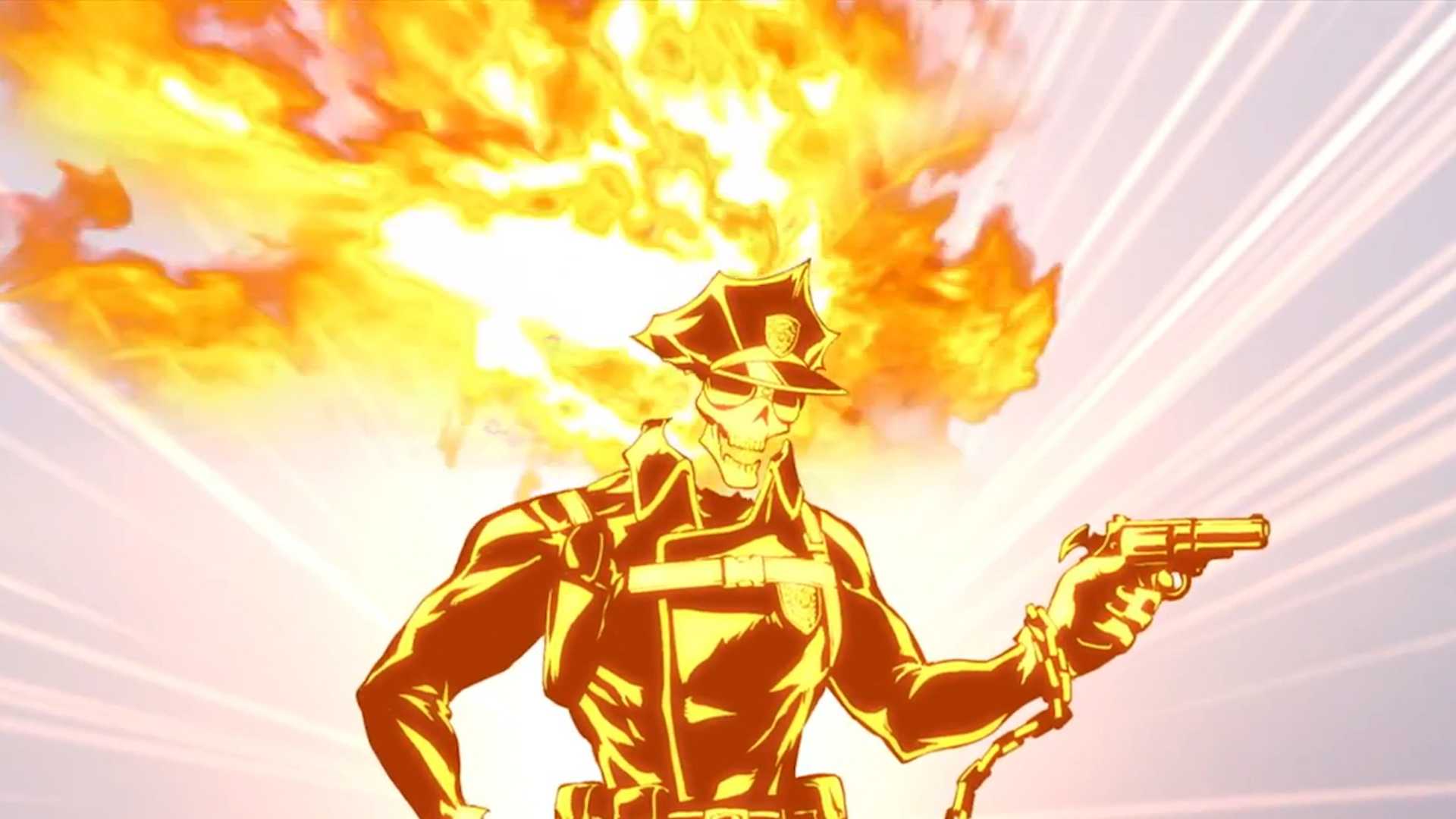 Inferno Cop transforms into Glitter Inferno Cop in Inferno Cop.