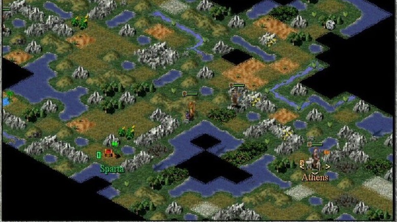 Units from Sparta and Athens approach each other on a mountainous map in "Civilization II: Test of Time" (1999)