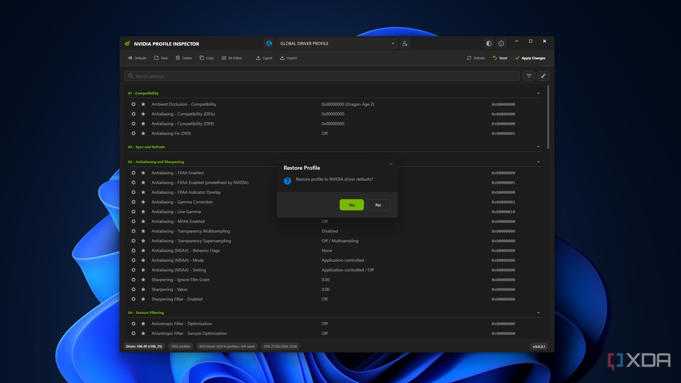 Various settings on NVPI 3.0.2.1.