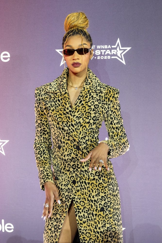 Jul 17, 2025; Indianapolis, IN, USA; Angel Reese arrives on the Orange Carpet to start the 2025 WNBA All-Star weekend at Indiana Convention Center. Mandatory Credit: Trevor Ruszkowski-Imagn Images