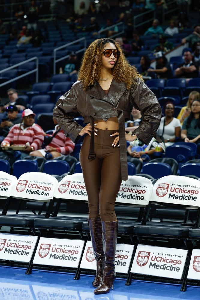 Sep 11, 2025; Chicago, Illinois, USA; Injured Chicago Sky forward Angel Reese (5) stands on the sidelines before a WNBA game against the New York Liberty at Wintrust Arena. Mandatory Credit: Kamil Krzaczynski-Imagn Images