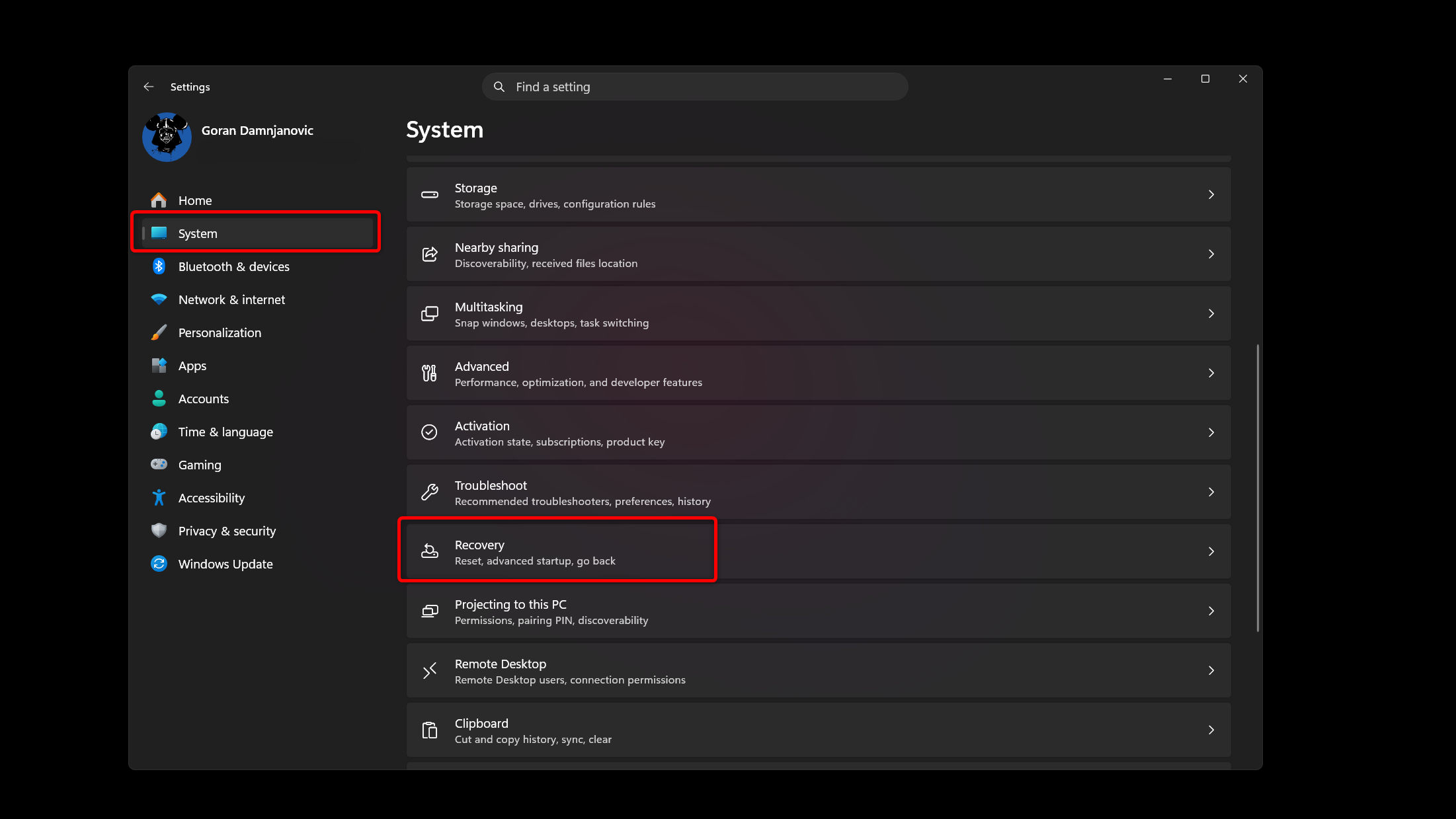 The System tab in Windows Settings.