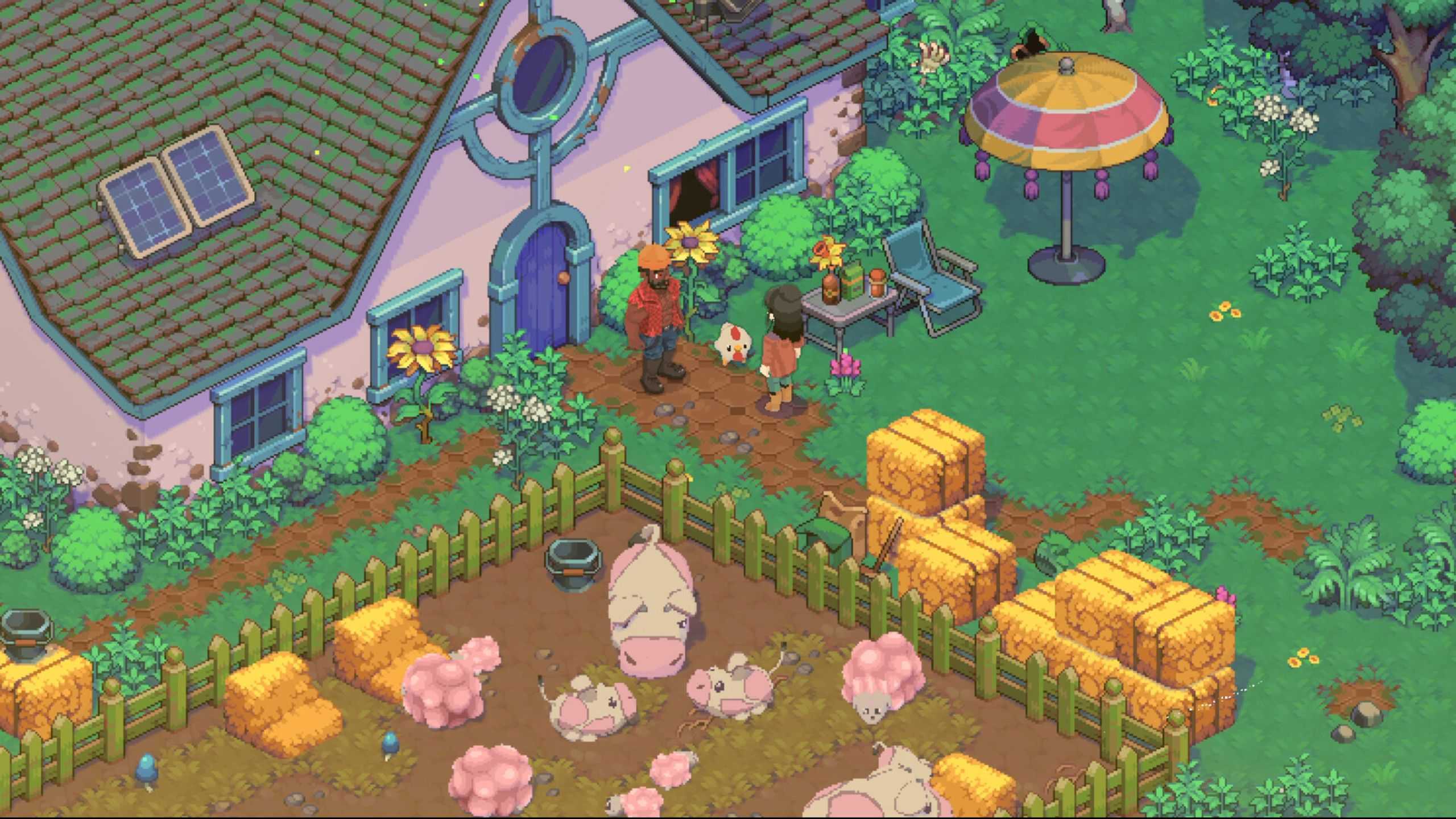 Screenshot of the game Moonfrost with character standing in front of a farm