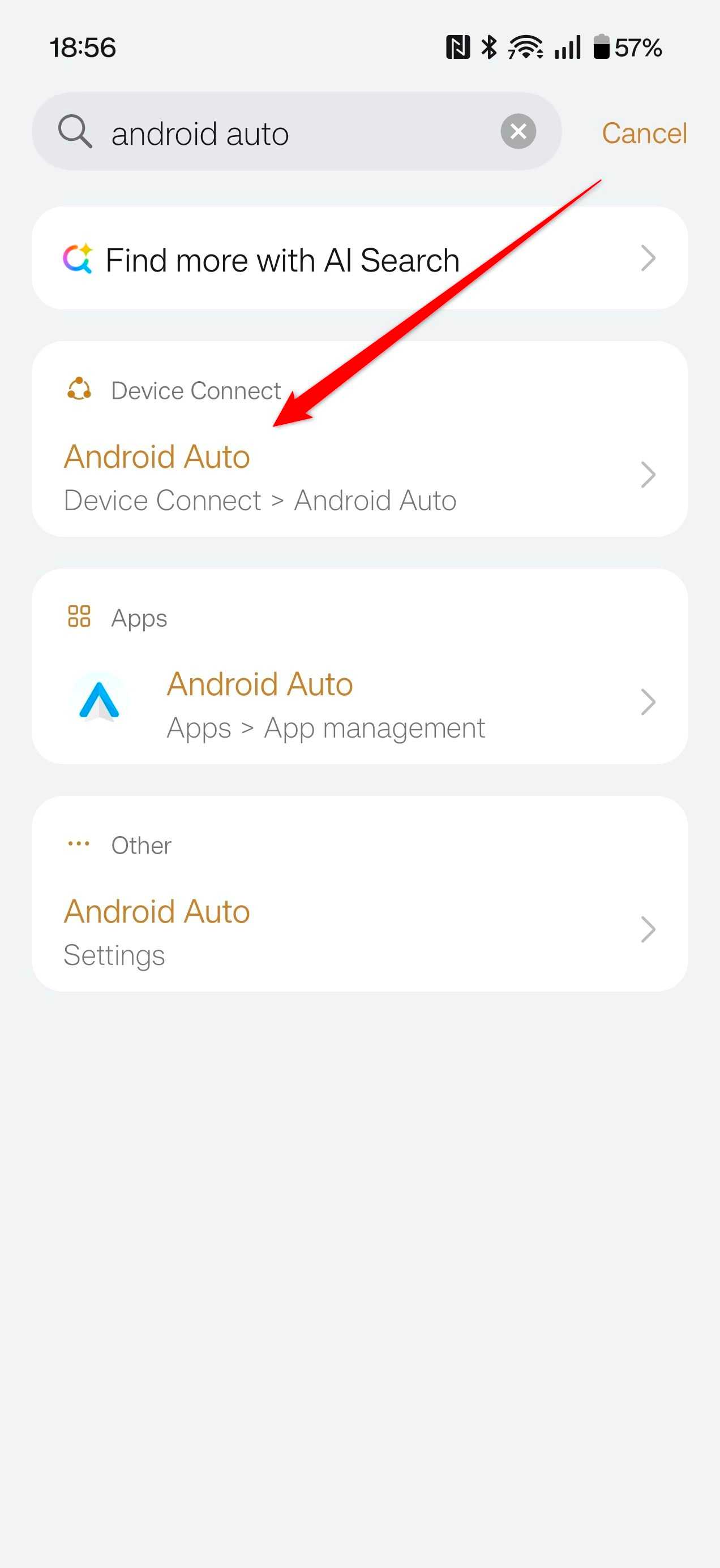 The Android Auto search results in the settings.