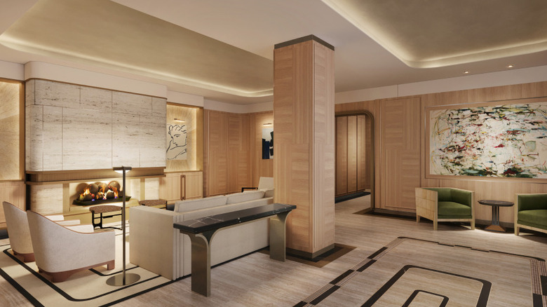 Approved rendering of the spacious, modern lobby area of The Nell New York, with beige furnishings