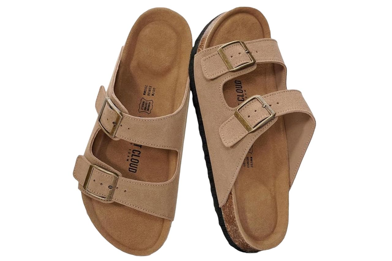 Project Cloud 100% Genuine Leather Flat Sandals For Women 2026 Cork Footbed Womens Sandals with Memory Foam and arch support Vacation Essentials Slides for Women Footwear (Venita, Chestnut, 10) | Flats