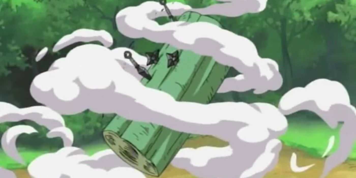 Kakashi Hatake uses the Substitution Jutsu to replace himself with a log, which is then embedded with kunai and shuriken, in Naruto.